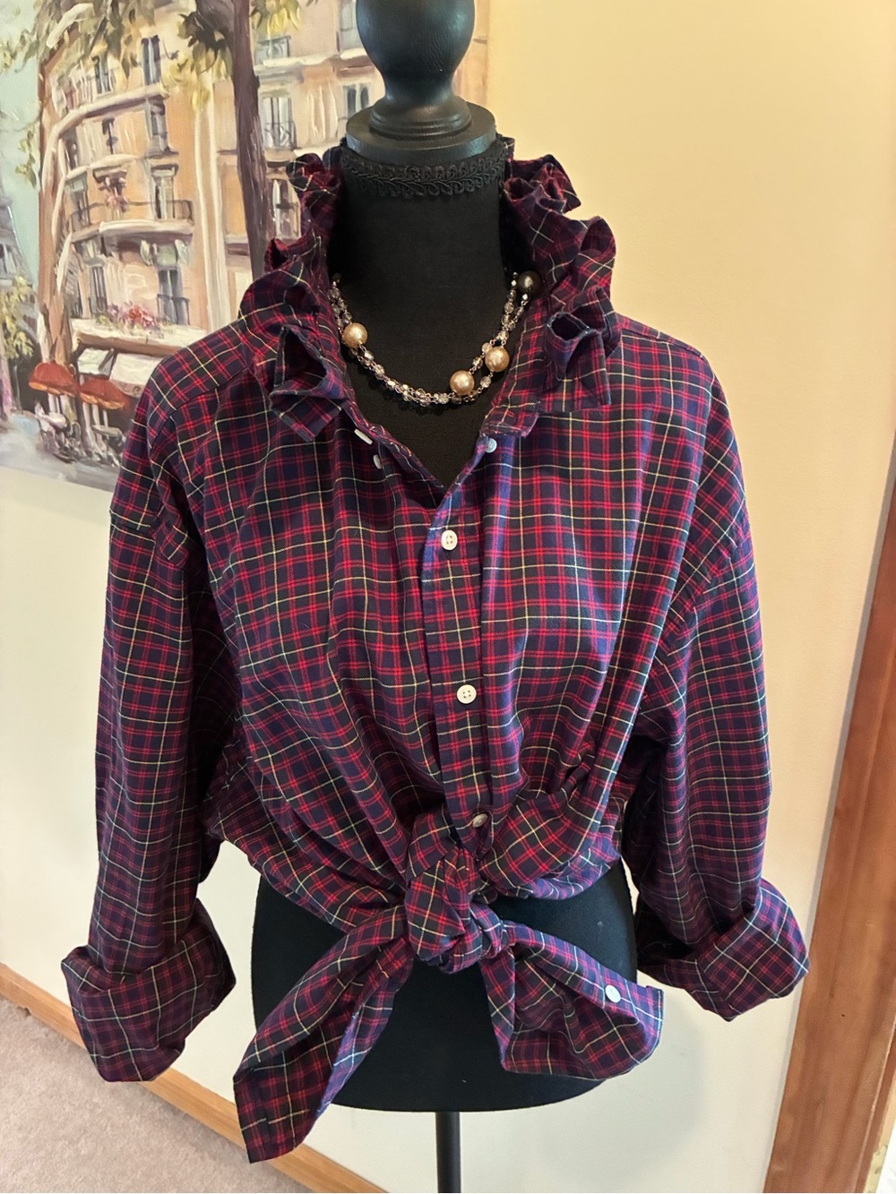 Ralph Lauren Plaid Ruffle Collar Button-Front Shirt in Navy & Red